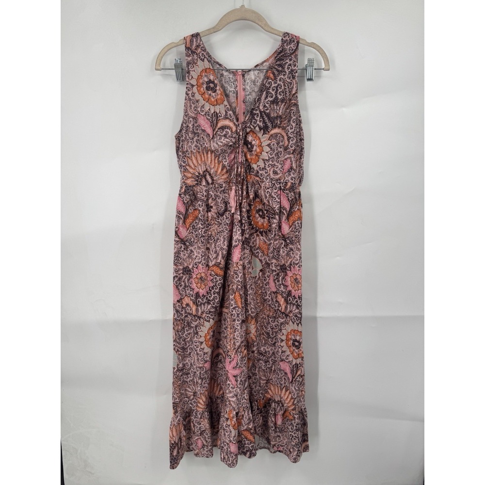 Madewell Lace Up Ruffle Hem Floral Midi Dress Women L Pink Bohemian Cotton Blend